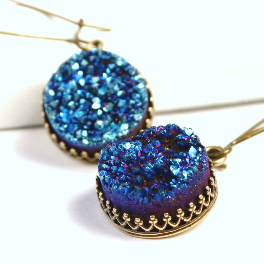 Blue Druzy Earrings - Medium Metallic Royal Bright Titanium Drusy Quartz on Antiqued Bronze Raw Gemstone Cocktail Accessory for Women