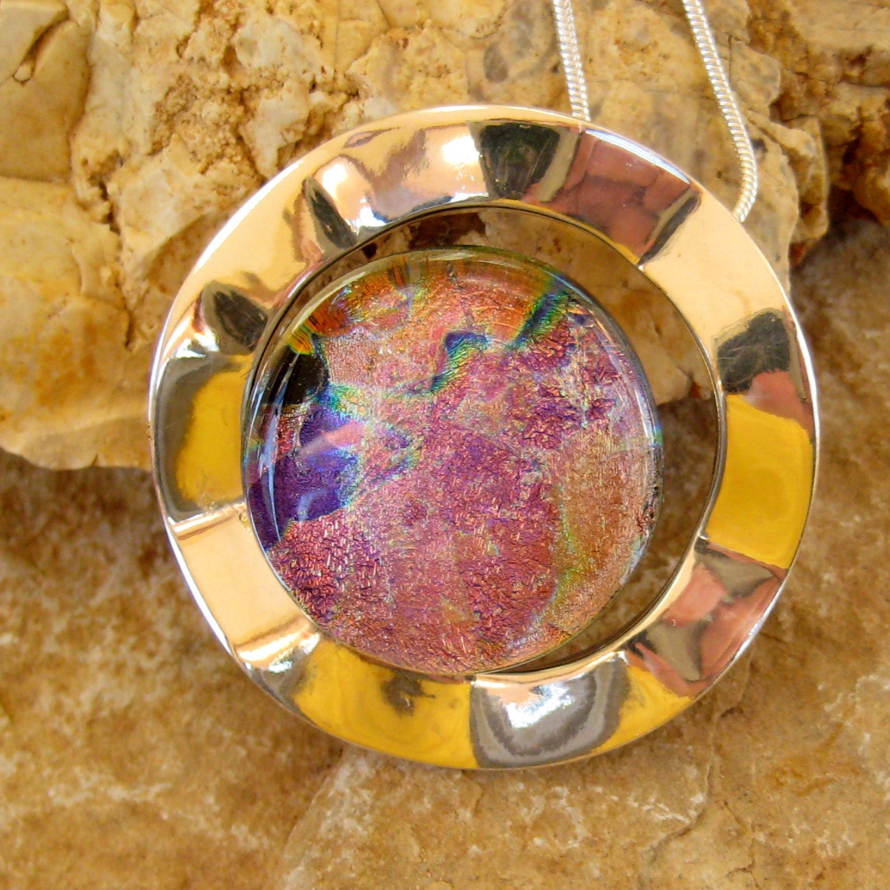 Dichroic Fused Glass in a Silver Setting, Fused Glass Jewelry - On the Waves