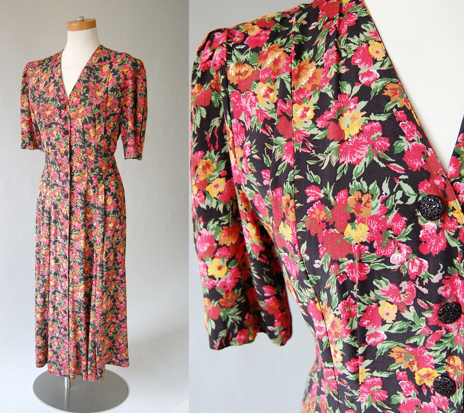 vintage rayon dress / floral grunge dress / Bright Print on black / Fit and Flare / Button Front / Express made in USA / xs s m