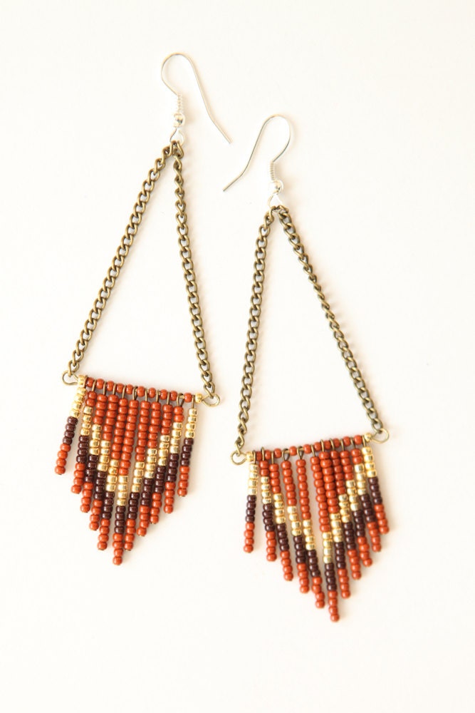 SALE  Chevron seed bead earrings - brown, rust, gold