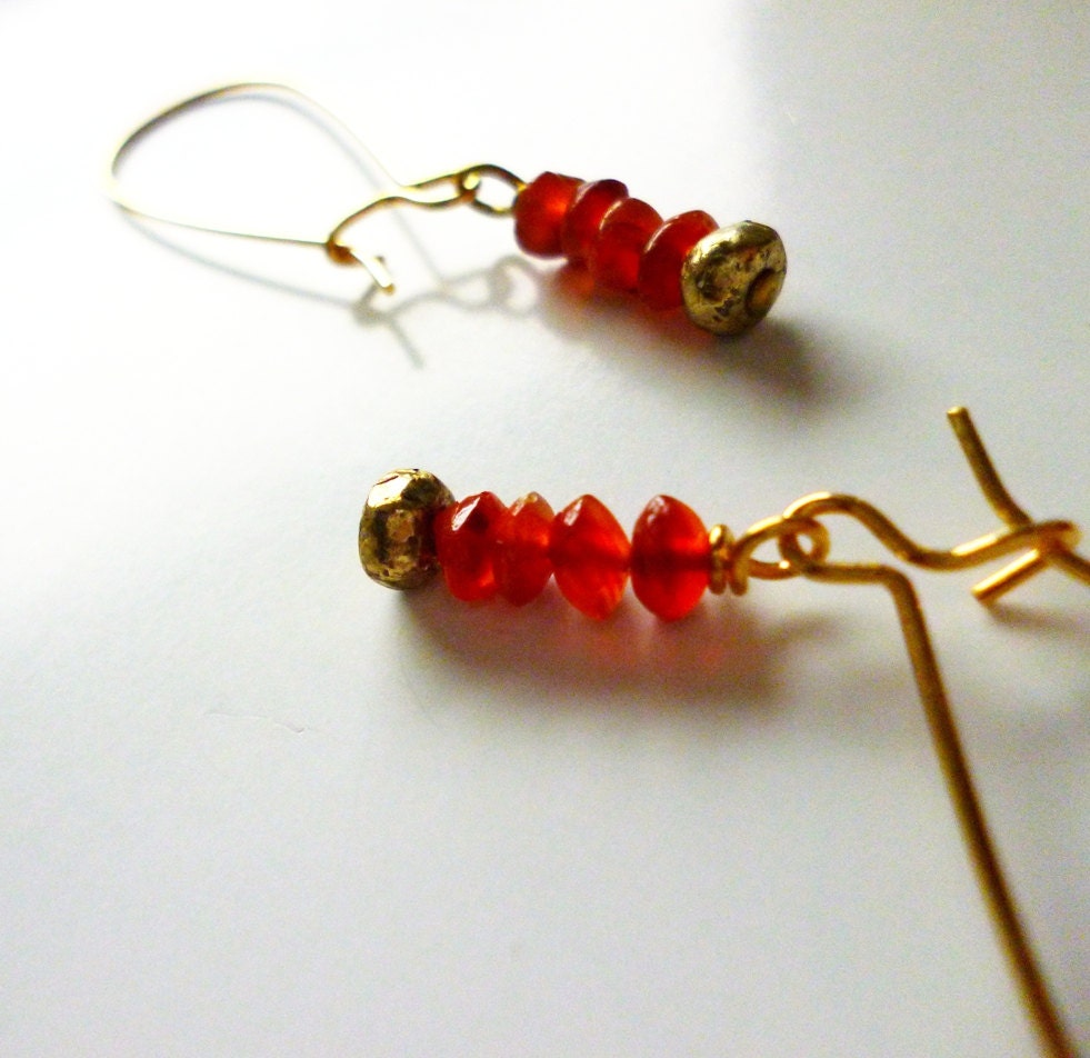 dangle earrings with orange carnelian - gold beaded earrings - kumi earrings