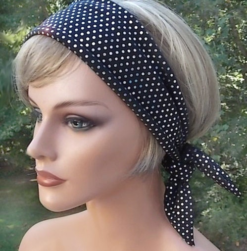 Retro Look Tie Headband Halogram Polka Dots on Black Stretch Lycra Neck Scarf