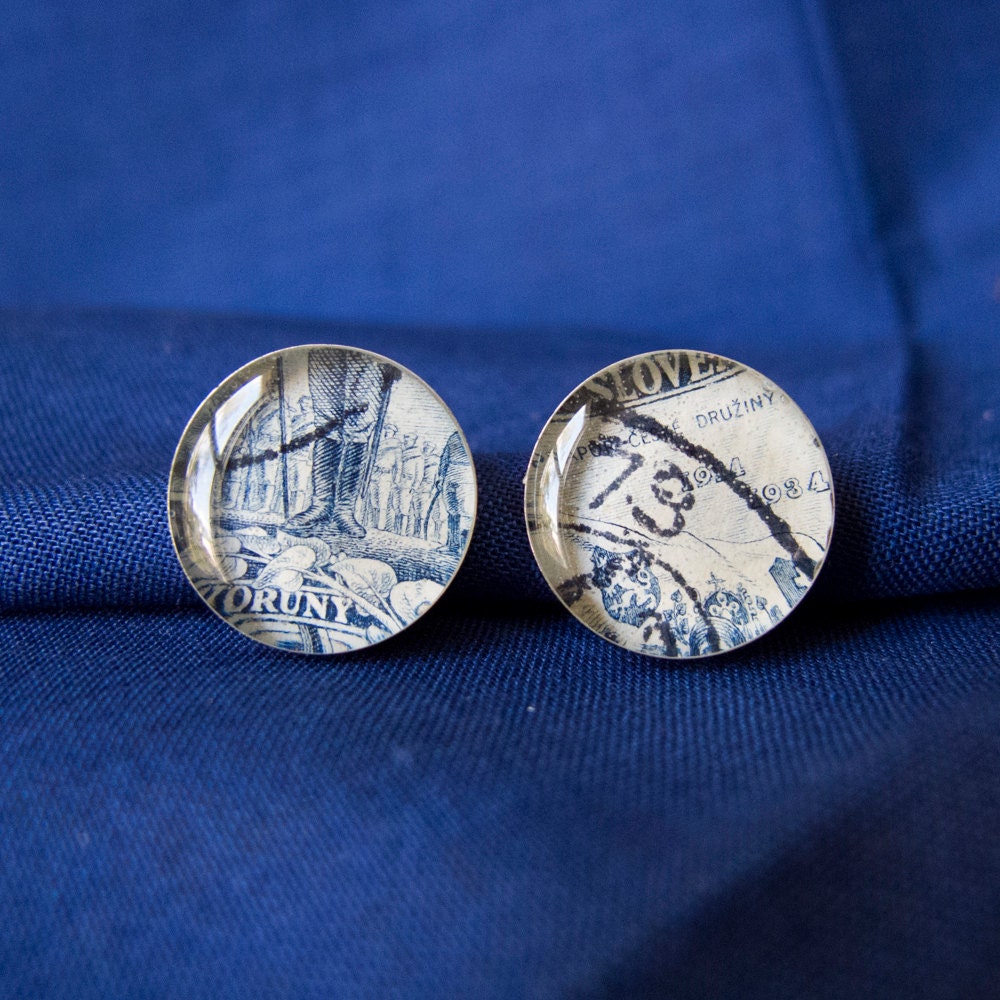 Czech Postage Stamp Button Earrings