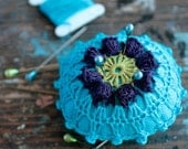 Linen  pincushion - crochet motif