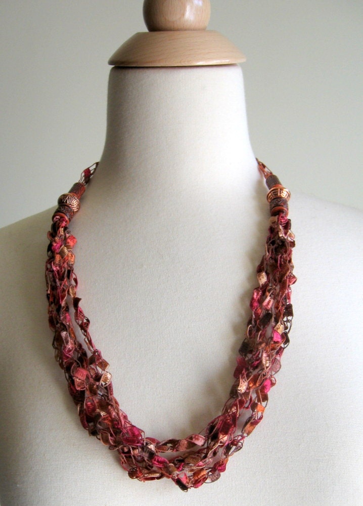 FreeStyle Fiber and Bead Necklace - Bonfire - Copper and Terra Cotta