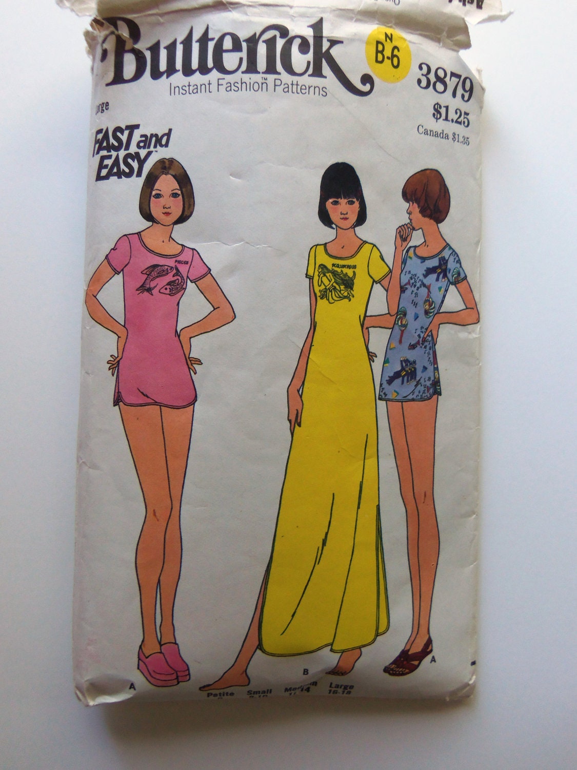 Butterick 3879 Sewing Pattern Nightshirt Bikini Briefs Zodiac Iron on Transfers Vintage 1970s