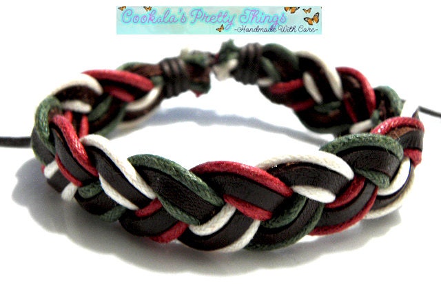 Surfer Bracelet braided leather and hemp brown green red white Unisex adjustable
