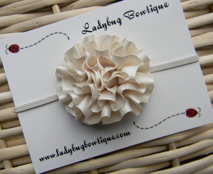 Petite Ruffled Satin Flower on a Skinny Elastic Headband or Hair Clip for Any Age - Custom Size - Ivory