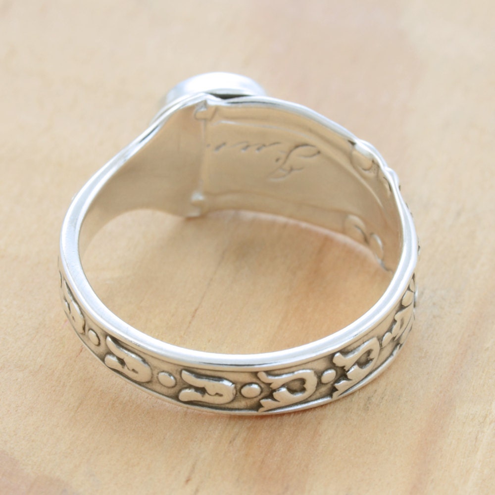 Spoon Ring with Amethyst and Green Man Face, Upcycled Sterling Silver, Size 9