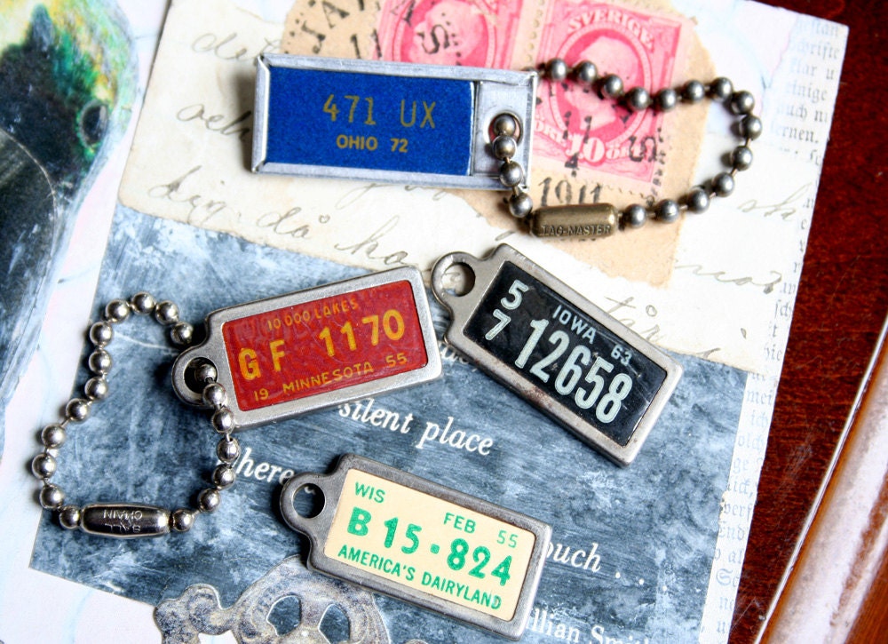 4 Vintage License Plate DAV Tags 1955,1963,1972 Mn Ia Oh Wi Keychain Fob Jewelry Altered Art Mixed Media