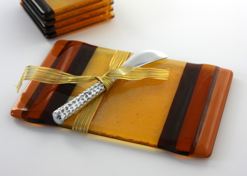 Fused Glass Cheese Board in Warm Ambers Platter Serving Dish 0031