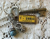 FLORIDA Road Trip Necklace - Vintage 1961 Mini License Plate Tag, Skeleton Key, Flip Flop Charm, Beads, Rhinestones