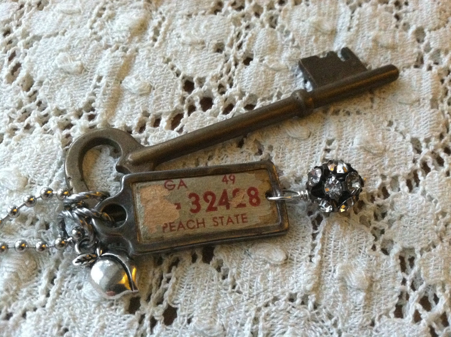 GEORGIA Road Trip Necklace - Vintage 1949 Mini License Plate Tag, Skeleton Key, Peach Charm, Rhinestones
