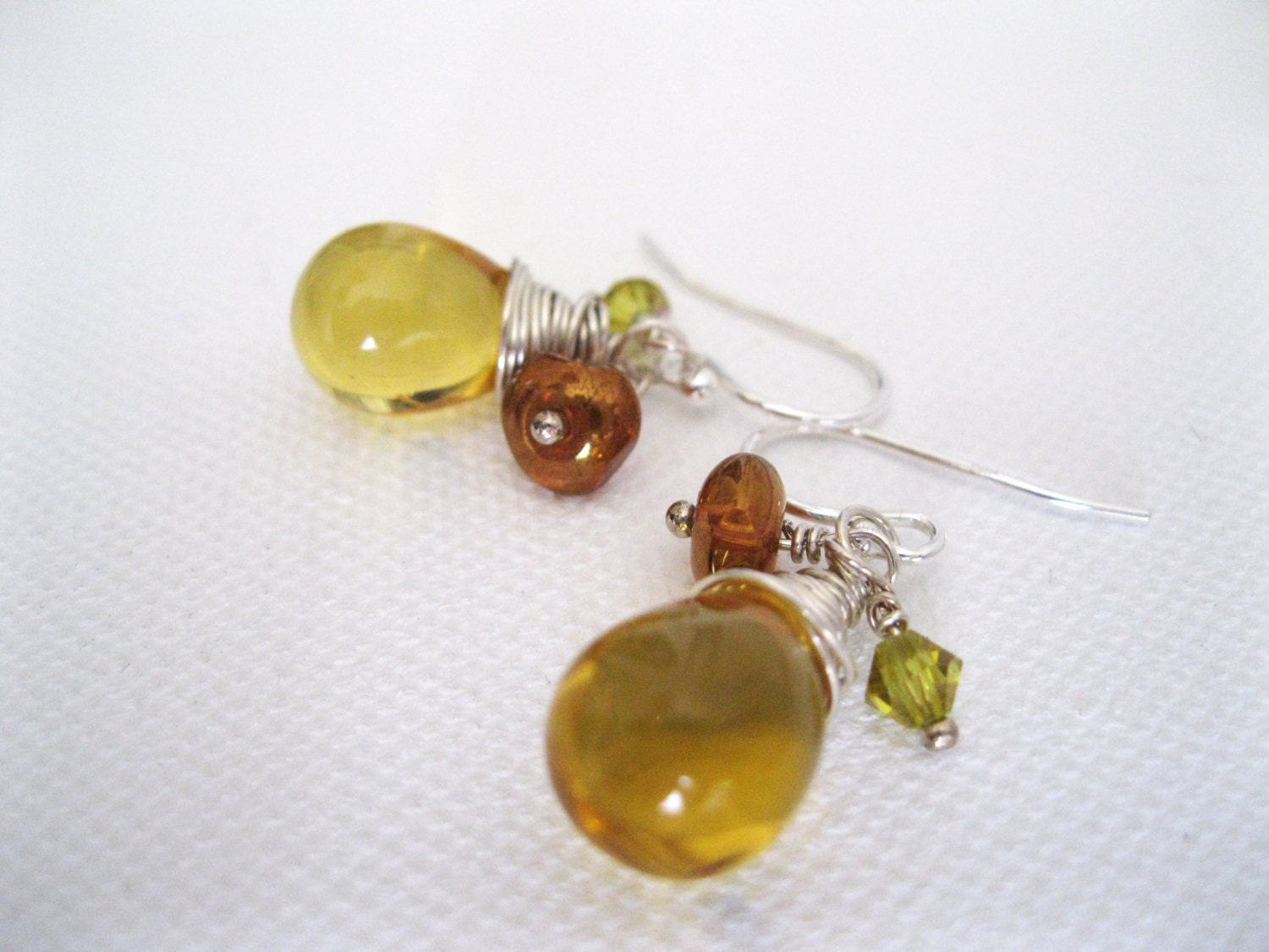Yellow Amber Glass Briolette and Sterling Silver Earrings - UK Seller