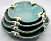Set of Four Aqua Green Nesting Bowls with Daisy Flowers, Wheel Thrown Pottery Free Shipping