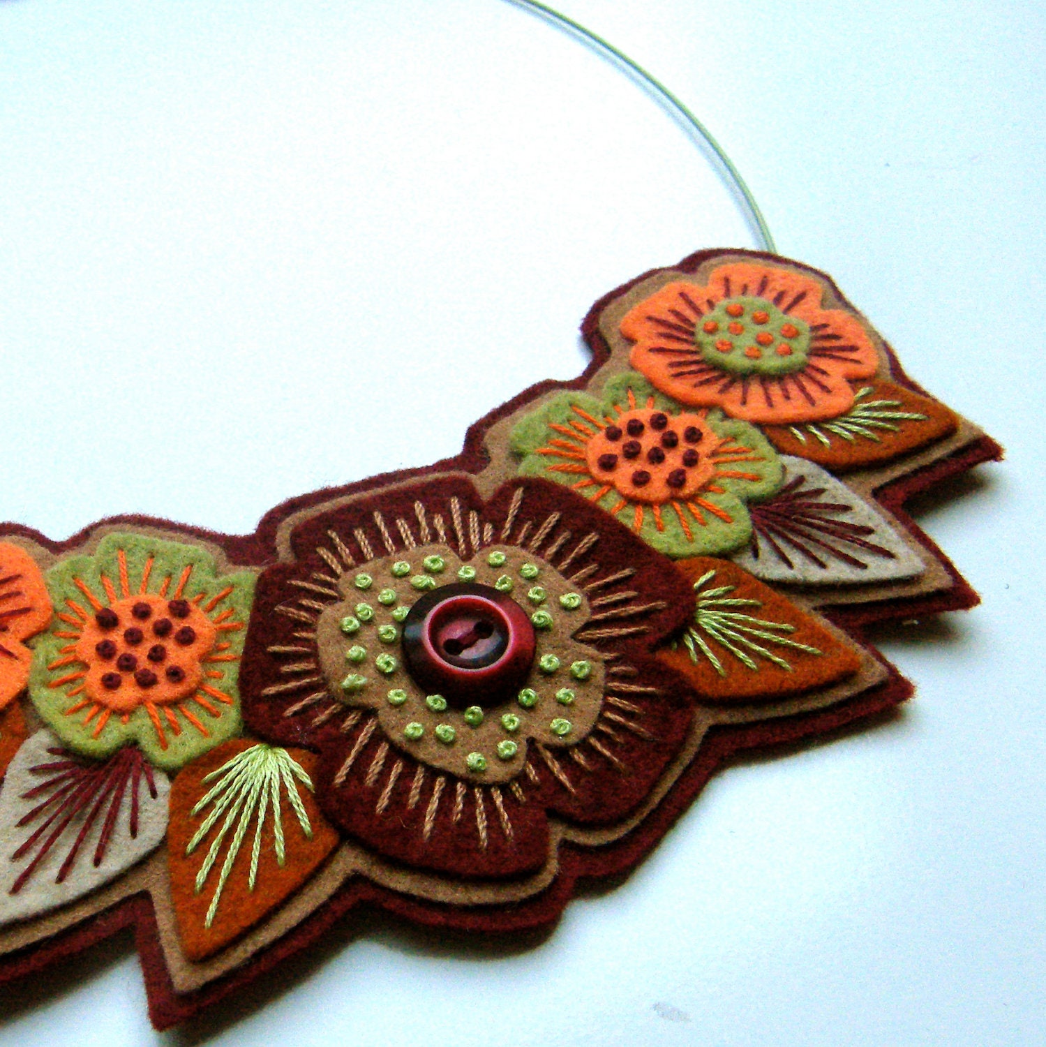 FELT NECKLACE with freeform embroidery on co-ordinating wire necklace