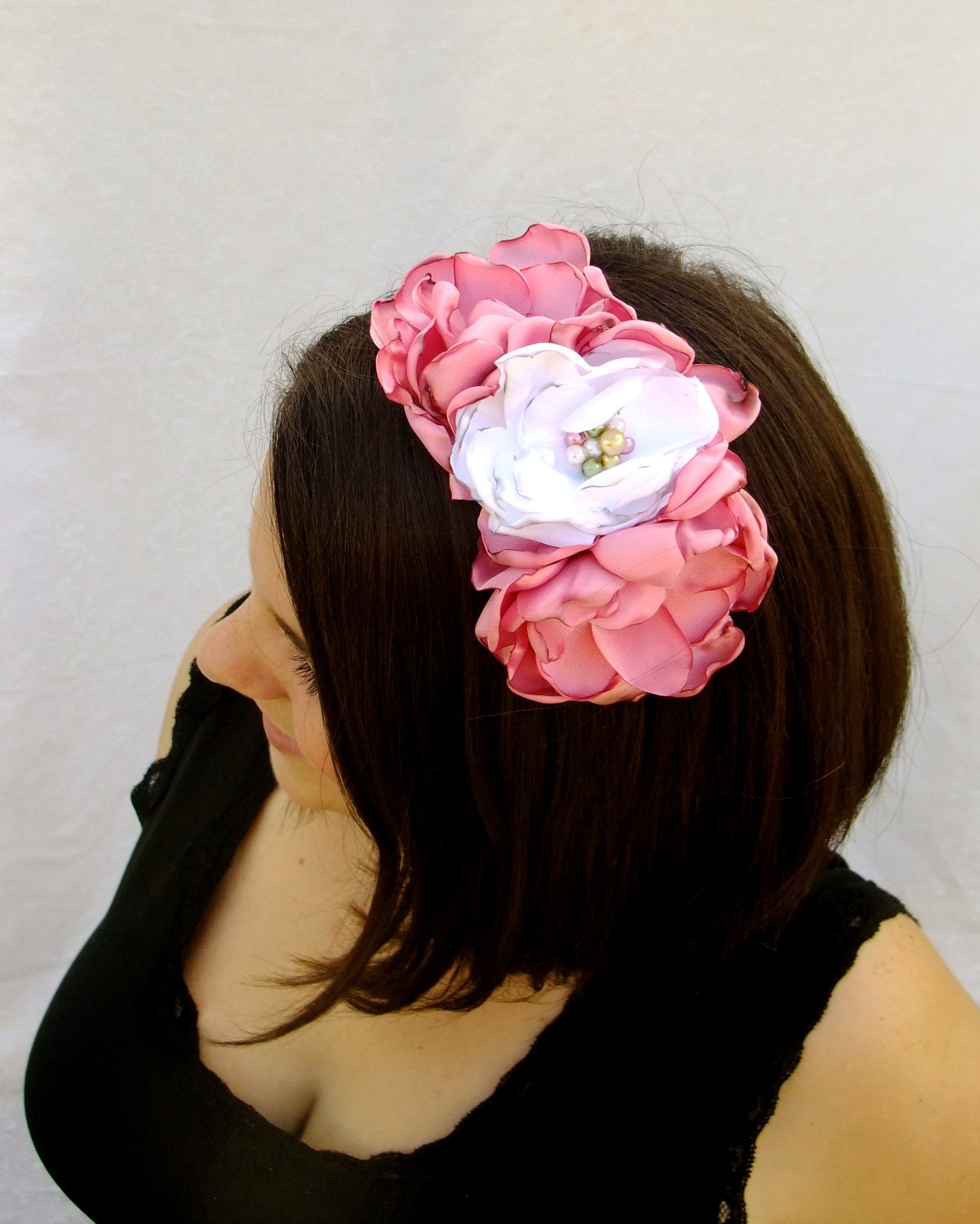Pink and White Satin Flower Headband, Bridal Hair, Bridesmaid Headband, Satin flowers with pearl centers
