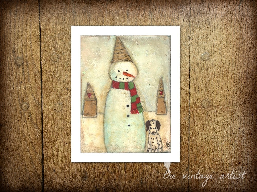 Snowman and Dalmatian Fun Art Print - Snow Days - 7 x 5"