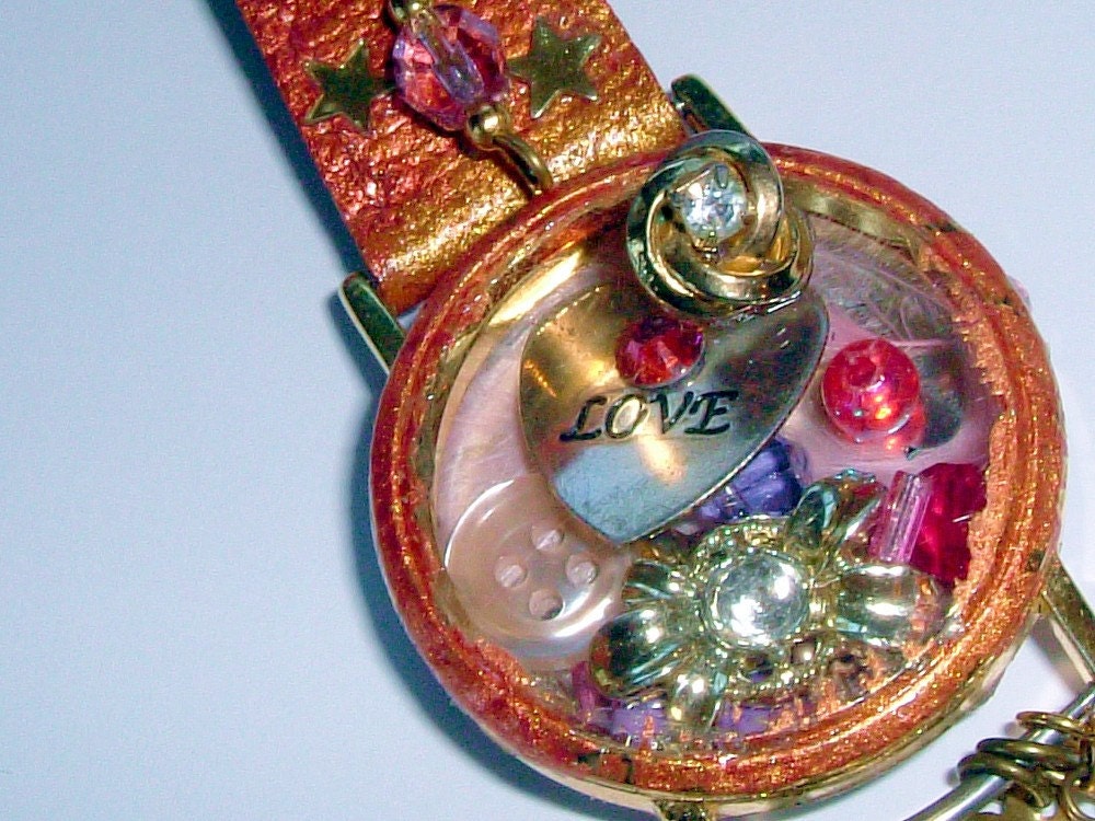 50% OFF Steampunk Brooch Statement Love Travels With Me Repurposed Upcycled Art Jewelry ooak