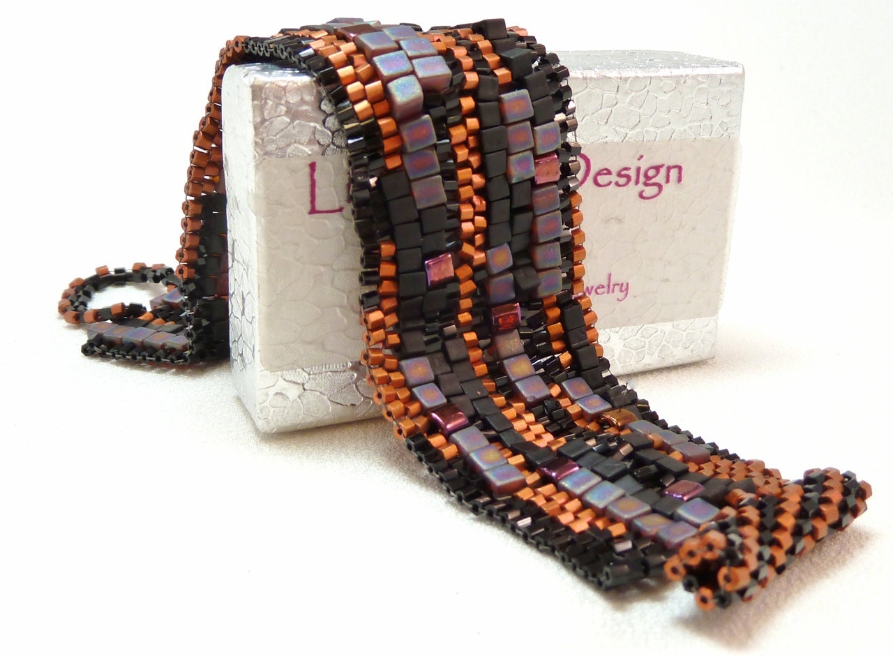 Copper Velvet Sculptural Freeform Beadwoven Cuff Bracelet - Hip to be Square Collection