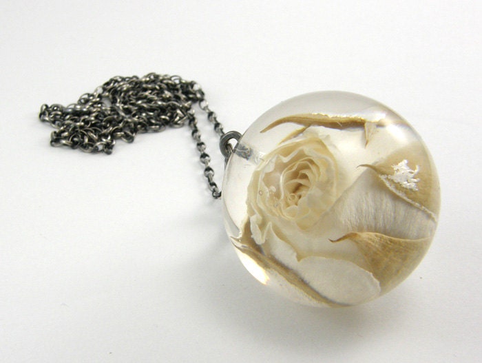 Rose Resin Necklace, Floral Resin Pendant, Silver Oxidized