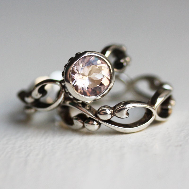 Pink morganite engagement ring set - bezel solitaire - recycled sterling silver - filigree wedding band- Wrought ring