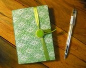 Handmade journal notebook, hand bound, lined paper for writing, Green White, fabric cover, stitches, journal diary, blank book