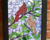 Male and Female Cardinals Stained Glass Mosaic Framed Art
