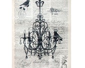 CHANDELIER. Birds Art Print on Vintage Antique FRENCH Book Page Over 100 years old.  8.5 x 11.5 inches. The Decorated House