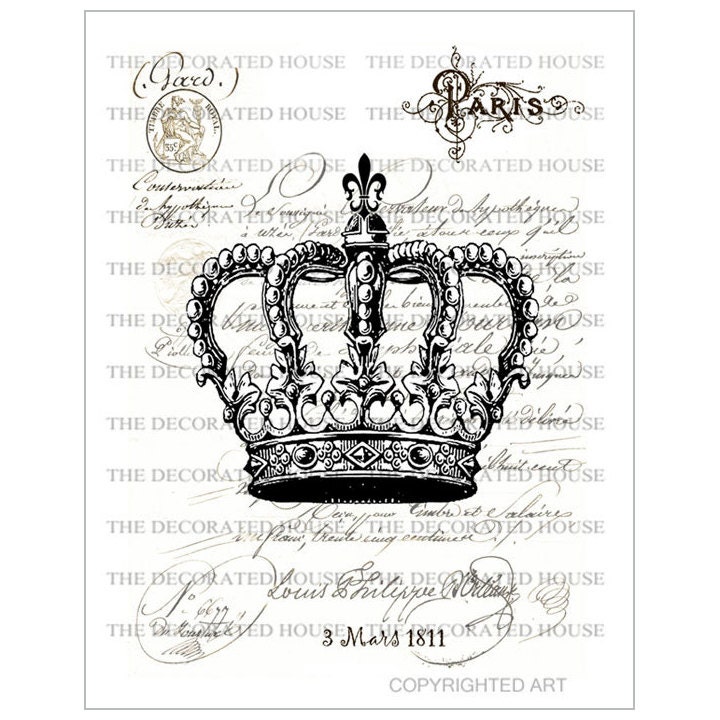 Vintage Crown Art Print. French Paris. 8 x 10 inch  Handmade Art  by  The Decorated House