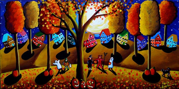 Fall Fun Halloween Witches Ghosts Kids Trick or Treat Whimsical Colorful Folk Art Original Painting