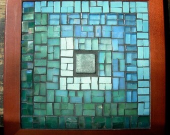 Log Cabin Quilt  Mosaic Trivet in Blue Green