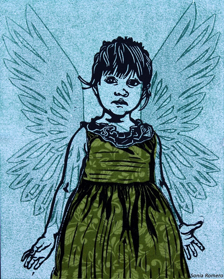 ANGEL WINGS Girl Green Fairy Print Linocut