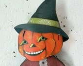 Halloween Pumpkin Witch Mask JOL Doll -- Tiny Original Folk Art Printed and Stuffed Ornament