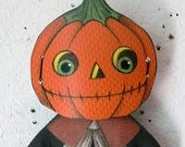 Halloween Pumpkin JOL Mask Doll -- Tiny Original Folk Art Printed and Stuffed Ornament