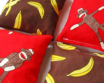 Set of 4 Mini Bean Bags - Sensory Toy / Game / Party Favors / Stocking Stuffers - Sock Monkeys n Bananas