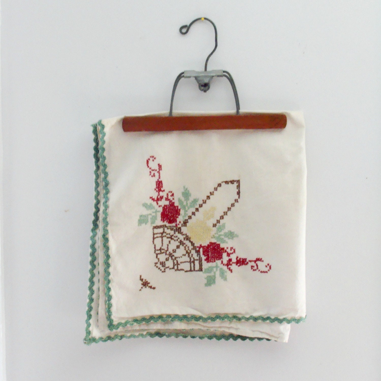 Small Vintage Cross Stitch Harvest Fall Season Basket Table Cloth Green Red Yellow Brown Hand Stitched