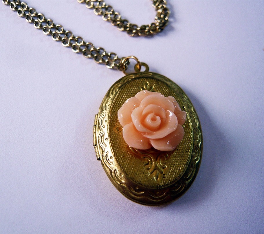 Coral Pink Rose Brass Locket Necklace