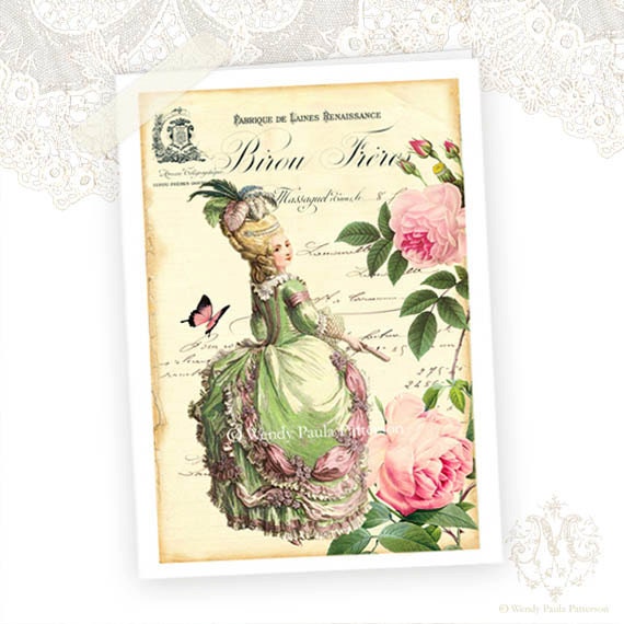 Marie Antoinette, Greeting Card, Pink Roses, French, Vintage Shabby, Birthday Card, French vintage receipt Rose Marie