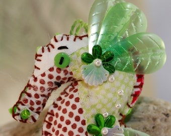 Sweetie of The Sea - Mint, Chocolate & Pearls - Sea Horse Quilty Critter Ornament
