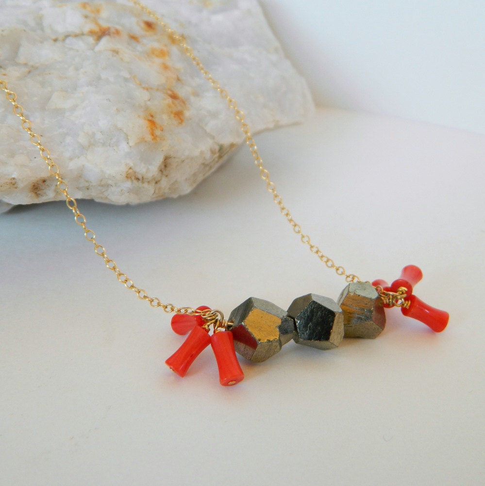 Pyrite and Coral Necklace with 14k Goldfilled Chain