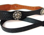 Black Leather Dog Leash with Western Tooled Silver Concho Handle, EcoFriendly, Lead, Pet Supplies, OOAK