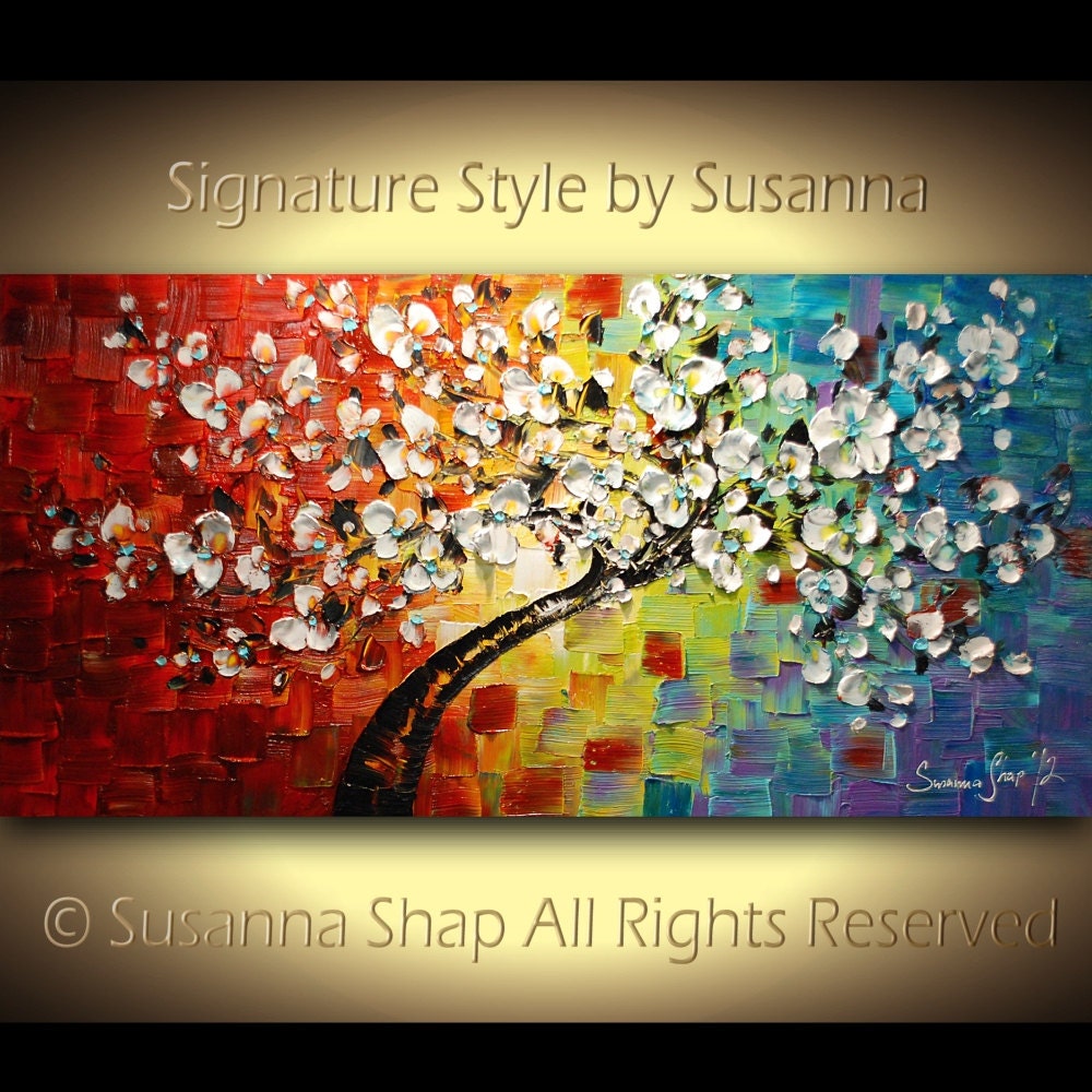 ORIGINAL Large Tree Painting Multicolor White Cherry Blossom Impasto Landscape by Susanna 48x24 Ready to Hang