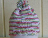 ON SALE was 13.00 -- Baby Hat- Hand Knit- Coral Pink- Sage Green- Yellow- Pom Pom- 3 to 12 Mo Sz