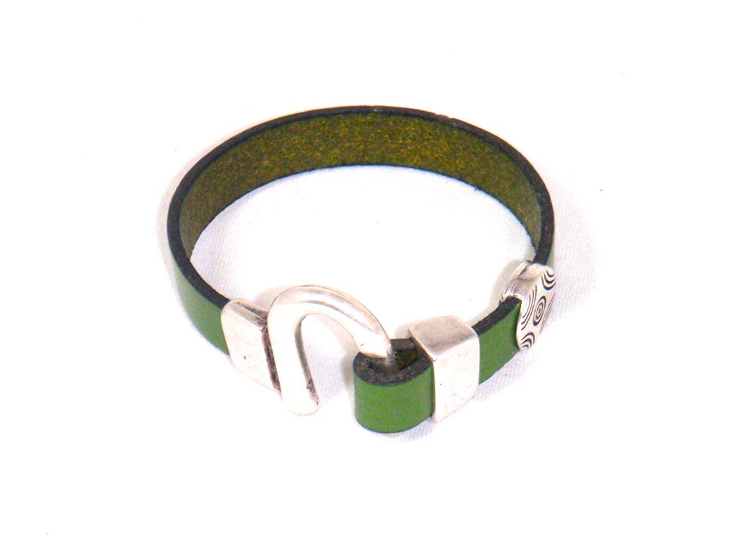 Green Euro Leather and Pewter Clasp Bracelet