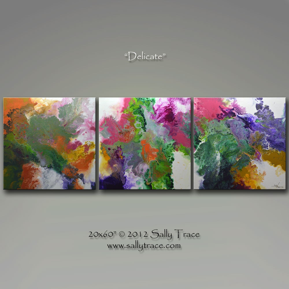 Original Abstract Painting, Triptych, three canvases 20x60 inches ...Delicate... by Sally Trace