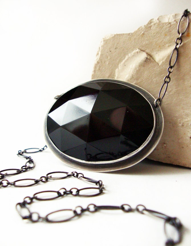 Black Obsidian Onyx Necklace, Sterling Silver faceted Onyx Pendant Necklace