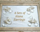 4 sets of Bridesmaids Earrings, Four Cluster Crystal Teardrop Earrings, Freshwater Pearls, Beach Wedding Theme, Sterling Silver