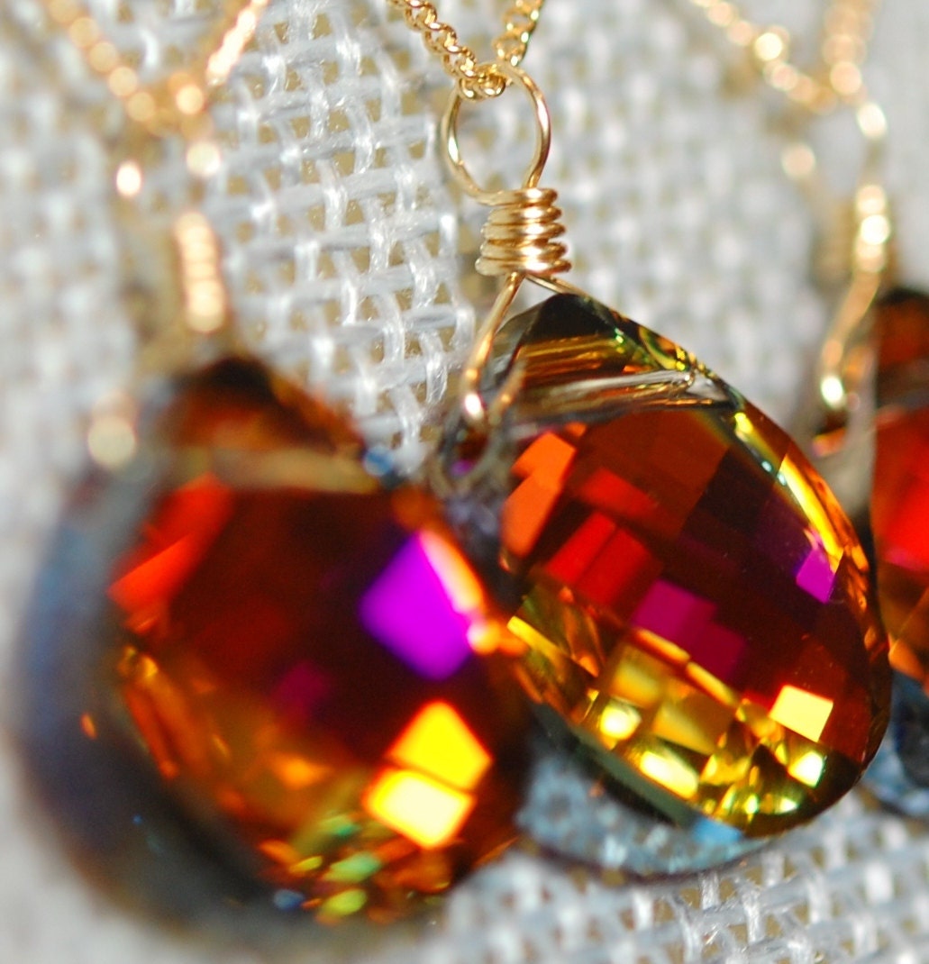 Gold, Orange, Pink, Purple Necklace, Volcano Swarovski Crystal Necklace,14K Filled Wire Wrapped, Bridesmaid