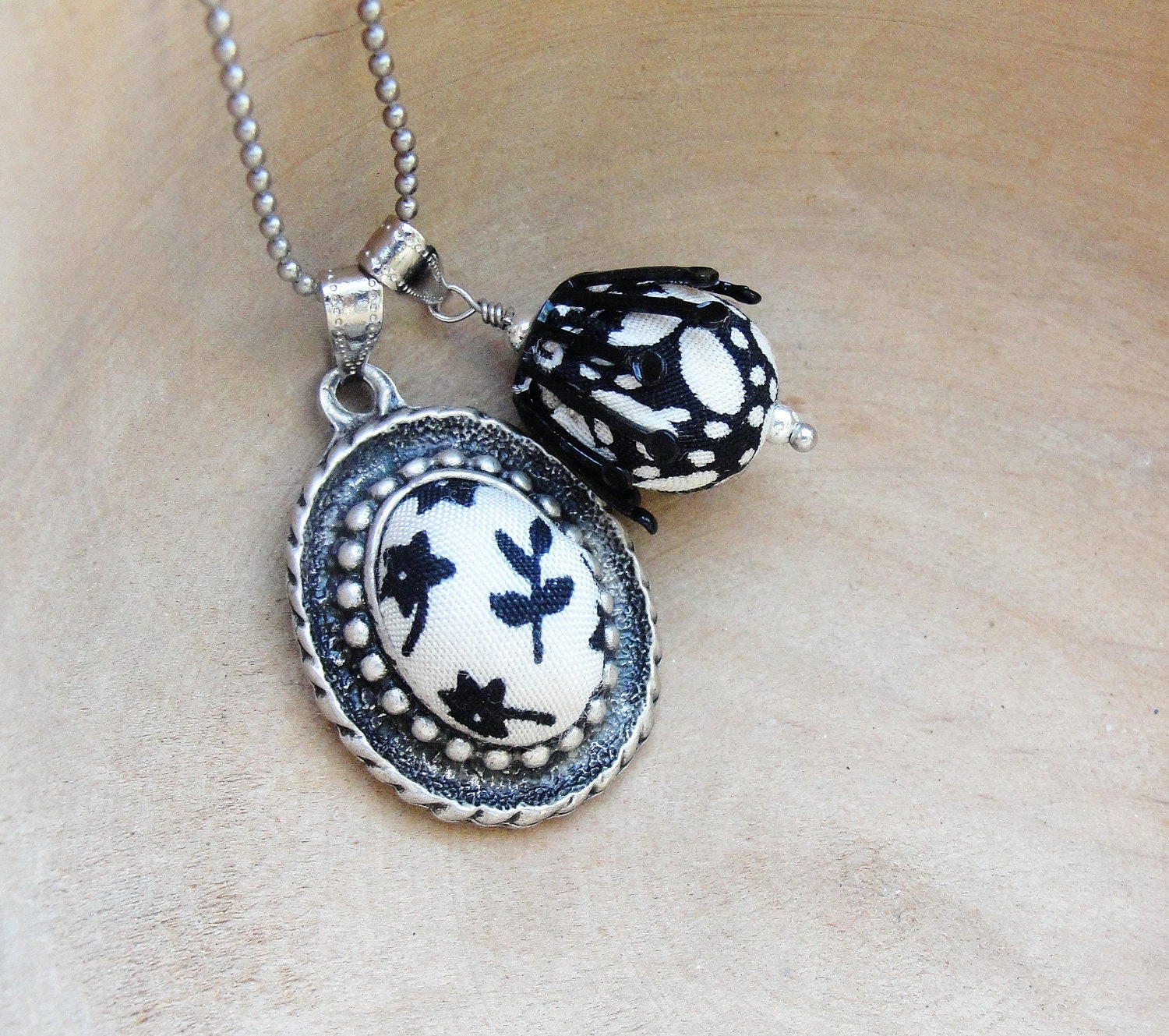 Black n White Fabric Medallion Necklace